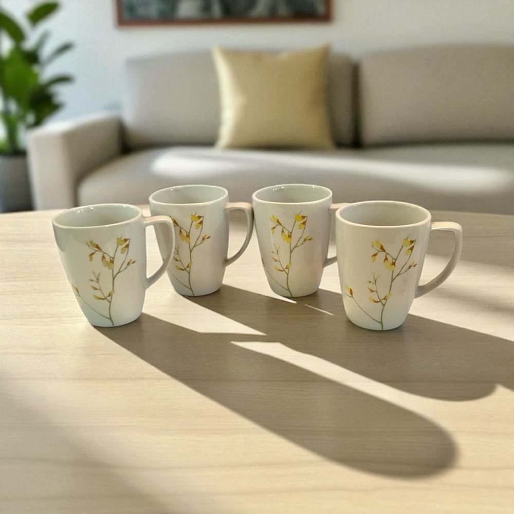 Corelle Kobe Porcelain Coffee Cups Yellow Floral Stems • Set Of 4 Mugs - Picture 6 of 7